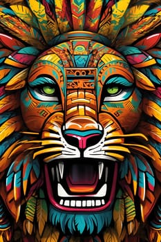 A lion, with vibrant colors on its face, bares its teeth with its mouth wide open.