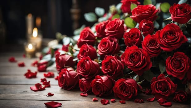 A beautiful arrangement of multiple red roses displayed on a wooden table.