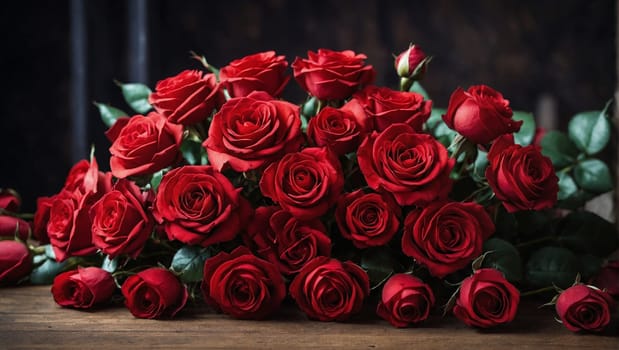 A group of red roses arranged neatly on a wooden table, creating a vibrant and captivating display.