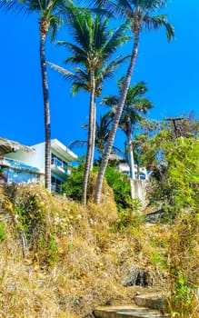 Mountains mountain panorama cliffs hills rocks and hilly tropical landscape with house building hut cabin hotel in Puerto Escondido Oaxaca Mexico.