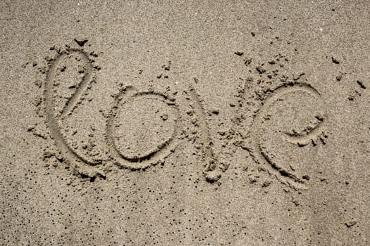 inscription on the sand near the sea and the waves - LOVE