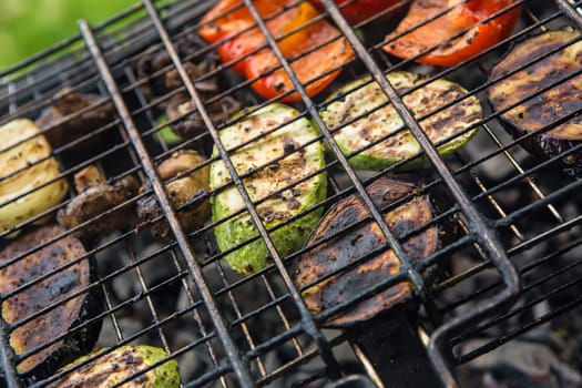 food background. Vegetables char-grilled over flame