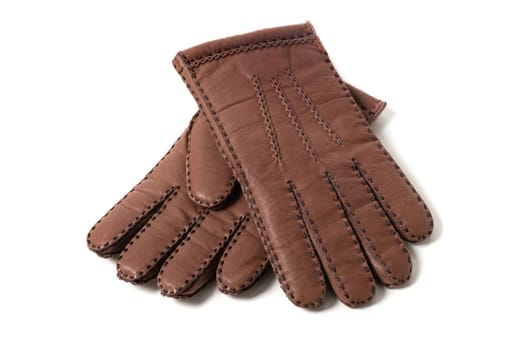 Pair of men's brown leather gloves with accent stitching in dark brown over white background.