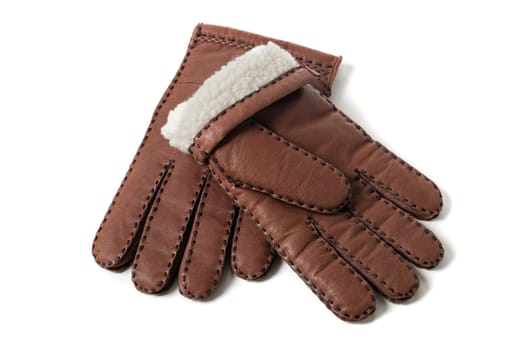 Pair of men's brown leather gloves with accent stitching in dark brown over white background.