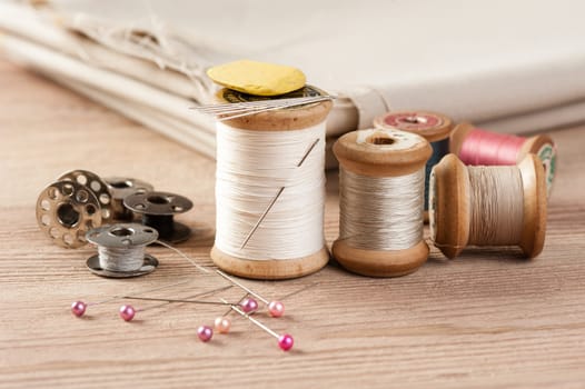 closeup thread for sewing and needlework, old reel of thread