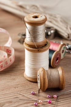 closeup thread for sewing and needlework, old reel of thread