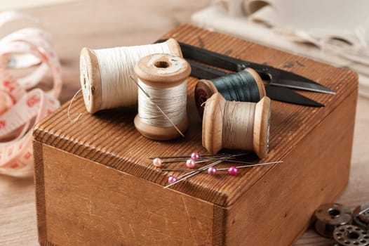 closeup thread for sewing and needlework, old reel of thread