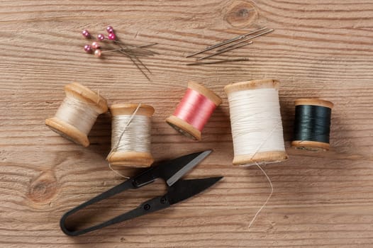 closeup thread for sewing and needlework, old reel of thread