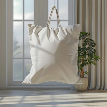A white tote bag is hanging from a window sill. The bag is empty and the window is open, letting in a bright light. Concept of calm and serenity, as the bag hangs peacefully in the sunlight