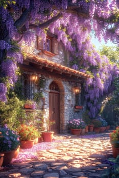 The Wisteria sinensis plant with lilac flowers decorates the entrance to the house. 3d illustration.