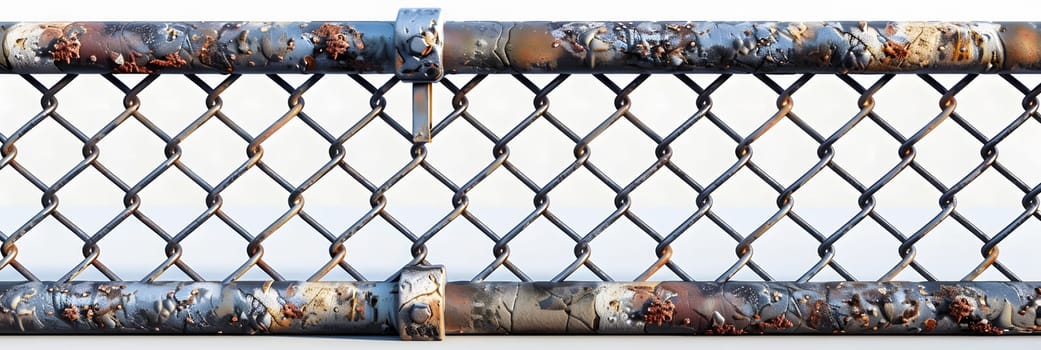 A detailed shot of a rusted wire mesh fence on a white background, showcasing its weathered texture and rugged appearance