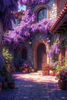 The Wisteria sinensis plant with lilac flowers decorates the entrance to the house. 3d illustration.