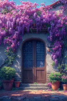 The Wisteria sinensis plant with lilac flowers decorates the entrance to the house. 3d illustration.