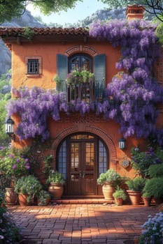 The Wisteria sinensis plant with lilac flowers decorates the entrance to the house. 3d illustration.