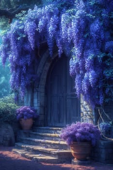 The Wisteria sinensis plant with lilac flowers decorates the entrance to the house. 3d illustration.