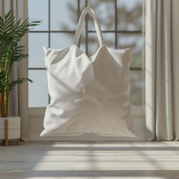 A white tote bag is hanging from a window sill. The bag is empty and the window is open, letting in a bright light. Concept of calm and serenity, as the bag hangs peacefully in the sunlight