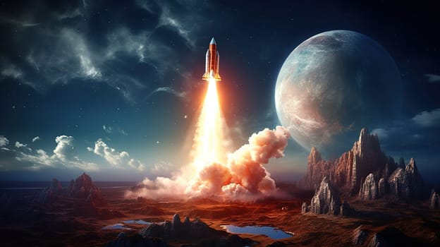 Enchanting launch and takeoff A spaceship from a cosmodrome on an inhabited planet, a rocket launches into space, a concept of space exploration, Generated AI