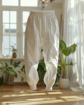 A pair of white pants is hanging in a room with a window and a potted plant. The pants are white and have a casual, relaxed vibe