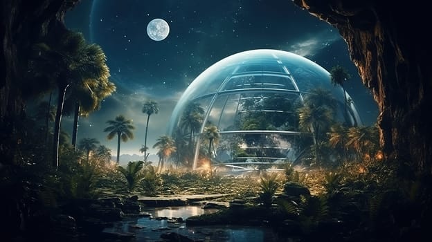 Spherical glass biological laboratory in a tropical forest to study bacteria, viruses and various forms of simple life in a futuristic future, Generated AI
