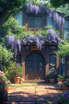 The Wisteria sinensis plant with lilac flowers decorates the entrance to the house. 3d illustration.