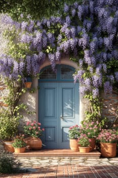 The Wisteria sinensis plant with lilac flowers decorates the entrance to the house. 3d illustration.