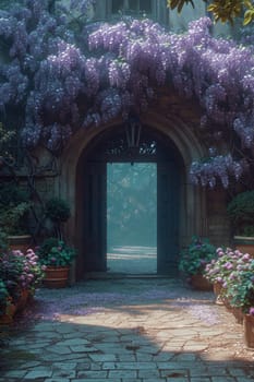 The Wisteria sinensis plant with lilac flowers decorates the entrance to the house. 3d illustration.