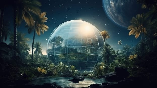 Spherical glass biological laboratory in a tropical forest to study bacteria, viruses and various forms of simple life in a futuristic future, Generated AI