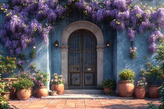 The Wisteria sinensis plant with lilac flowers decorates the entrance to the house. 3d illustration.