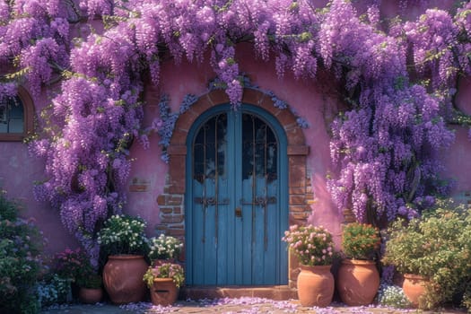 The Wisteria sinensis plant with lilac flowers decorates the entrance to the house. 3d illustration.