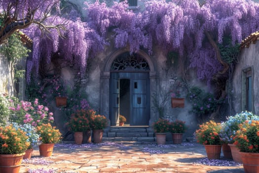 The Wisteria sinensis plant with lilac flowers decorates the entrance to the house. 3d illustration.