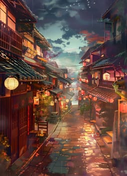 A painting capturing the charm of a narrow city street at night, illuminated by lanterns. The buildings stand tall under a cloudy sky with tints and shades reflected on the road surface