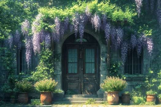 The Wisteria sinensis plant with lilac flowers decorates the entrance to the house. 3d illustration.