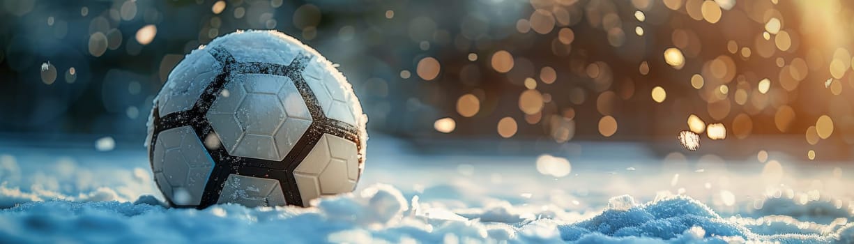 A soccer ball is sitting in the snow. The image has a peaceful and serene mood