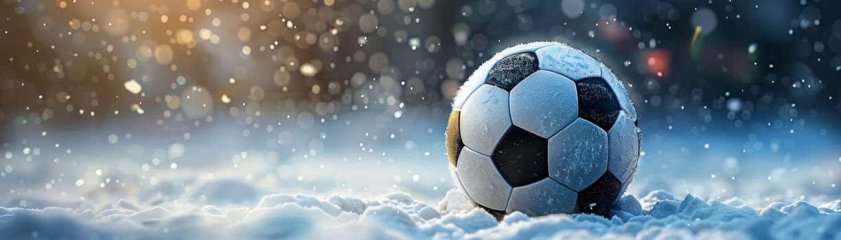 A soccer ball is sitting in the snow. The image has a peaceful and serene mood