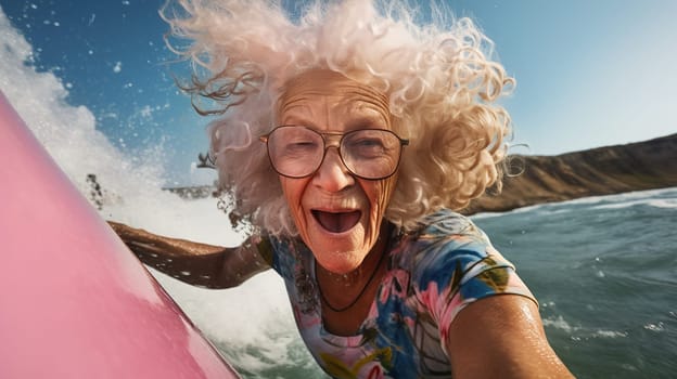 laughing happy gray-haired old woman 80 years old in a pink swimsuit surfing on a board and taking a selfie, baby boomer actively spending time on the sea beach, Generated AI