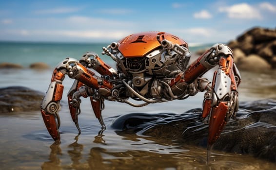 Robot crab on the seashore among the rocks. Hidden among the rocks, a cybernetic crab monitors the state of the seashore, helping scientists study ecosystems.