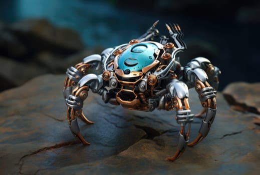 Robot crab on the seashore among the rocks. Hidden among the rocks, a cybernetic crab monitors the state of the seashore, helping scientists study ecosystems.