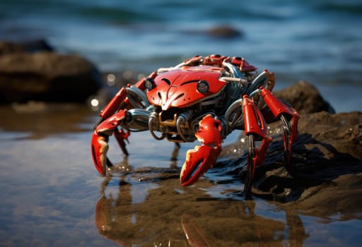 Robot crab on the seashore among the rocks. Hidden among the rocks, a cybernetic crab monitors the state of the seashore, helping scientists study ecosystems.