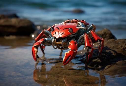 Robot crab on the seashore among the rocks. Hidden among the rocks, a cybernetic crab monitors the state of the seashore, helping scientists study ecosystems.