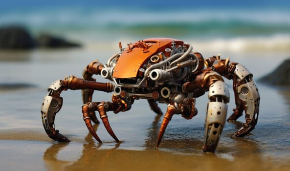 Robot crab on the seashore among the rocks. Hidden among the rocks, a cybernetic crab monitors the state of the seashore, helping scientists study ecosystems.