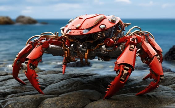 Robot crab on the seashore among the rocks. Hidden among the rocks, a cybernetic crab monitors the state of the seashore, helping scientists study ecosystems.