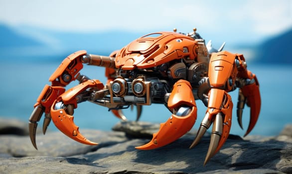 Robot crab on the seashore among the rocks. Hidden among the rocks, a cybernetic crab monitors the state of the seashore, helping scientists study ecosystems.