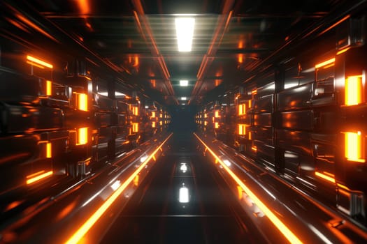 Abstract 3D space with glowing orange rays cutting through the darkness. Create a futuristic by AI generated image.