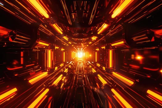 Abstract 3D space with glowing orange rays cutting through the darkness. Create a futuristic by AI generated image.