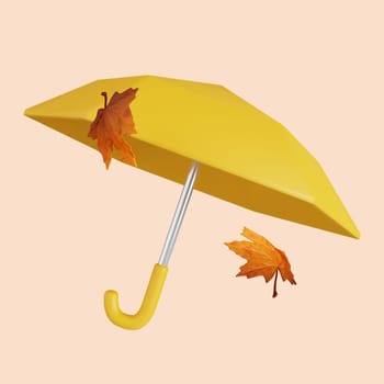 3d Autumn Umbrella with maple leaf. Golden fall. Season decoration. icon isolated on gray background. 3d rendering illustration. Clipping path..