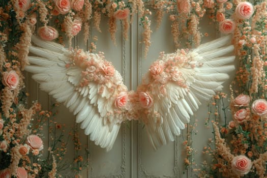 White wings on the wall in an arch decorated with flowers. floral decor.