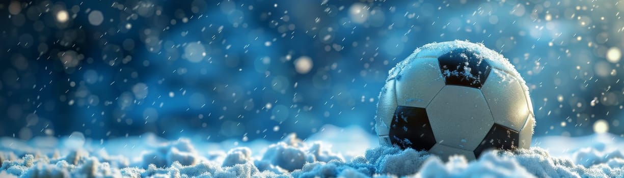 A soccer ball is sitting in the snow. The image has a cold and wintry mood, with the snow covering the ground and the ball