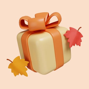3d Autumn gift box. Golden fall. Season decoration. icon isolated on gray background. 3d rendering illustration. Clipping path..