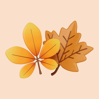 3d Autumn leaf. Golden fall. Season decoration. icon isolated on gray background. 3d rendering illustration. Clipping path..
