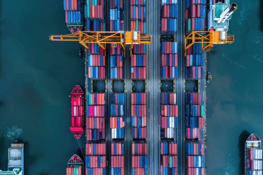 Container cargo ship and trucks of industrial cargo freight for shipping. Business logistic import export and transport industry by AI generated image.